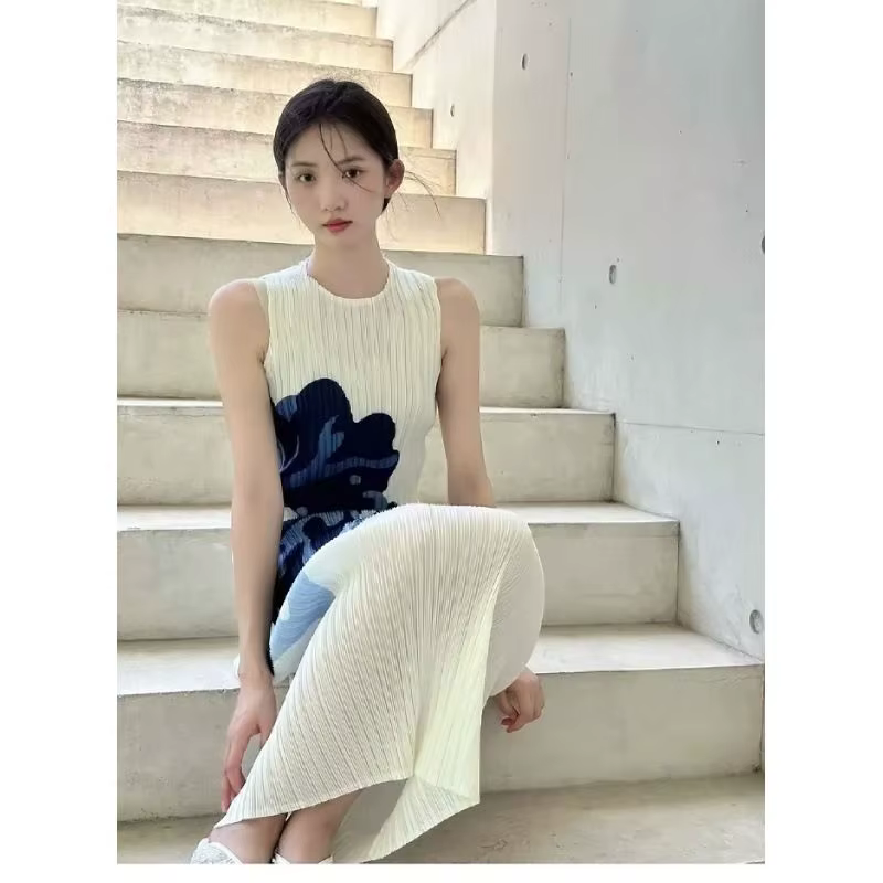 Fkylcoozooi français Vintage élégant imprimé robe ample sans manches été haut de gamme col rond minc