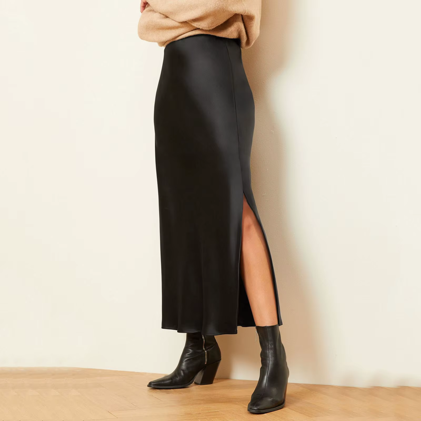 InjSatin-Jupe taille haute avec fente pour femme, style coréen, mode élégante, couleur unie, longue,
