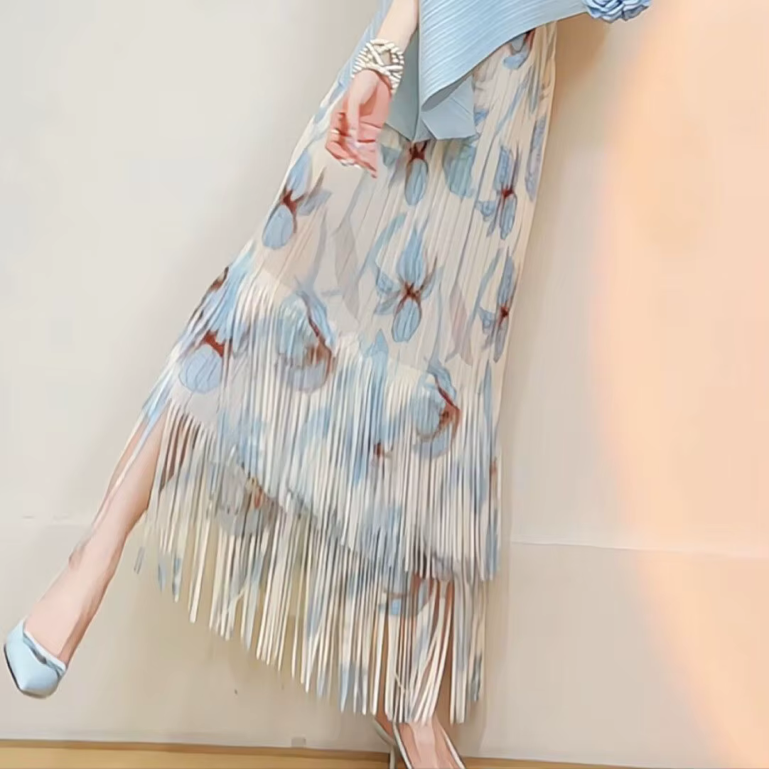 Jupe à franges, costume d'été, haut sans manches plissé, slim, jupes longues pour femmes, ample, nou