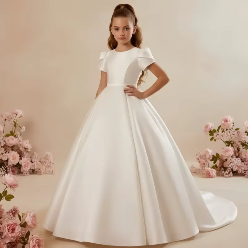 Robe de demoiselle d'honneur blanche pour mariage avec nœud en satin, longueur au sol, élégante, pou