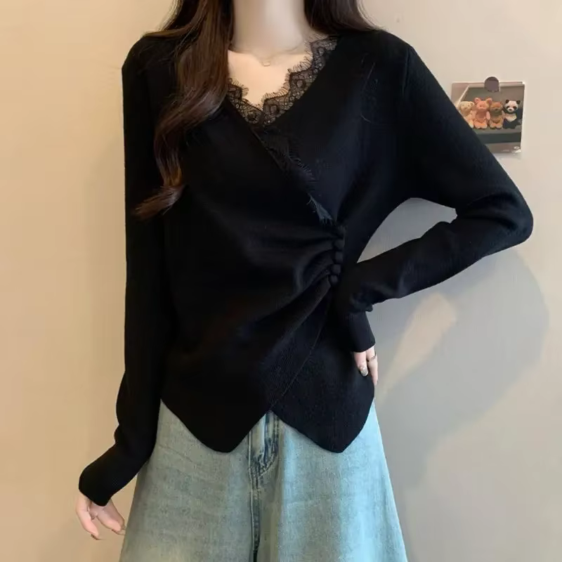 T-Shirt à manches longues et col en v pour femmes, avec Design en dentelle, nouveau haut à ourlet cr
