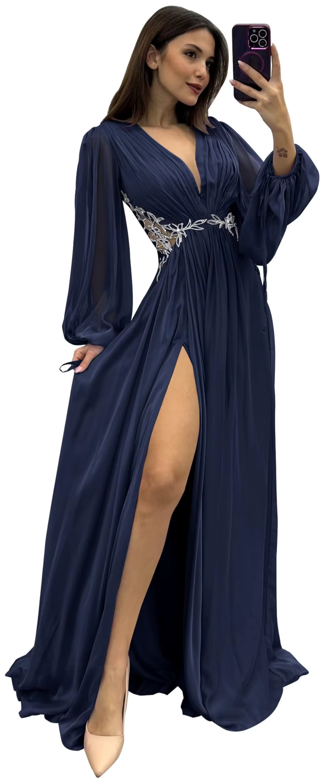 Robes de demoiselle d'honneur à manches longues avec fente col en V en mousseline de soie une ligne 