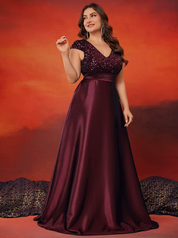 Lucyinlove grande taille élégant col en v bleu paillettes robe de soirée longue de luxe femmes Satin