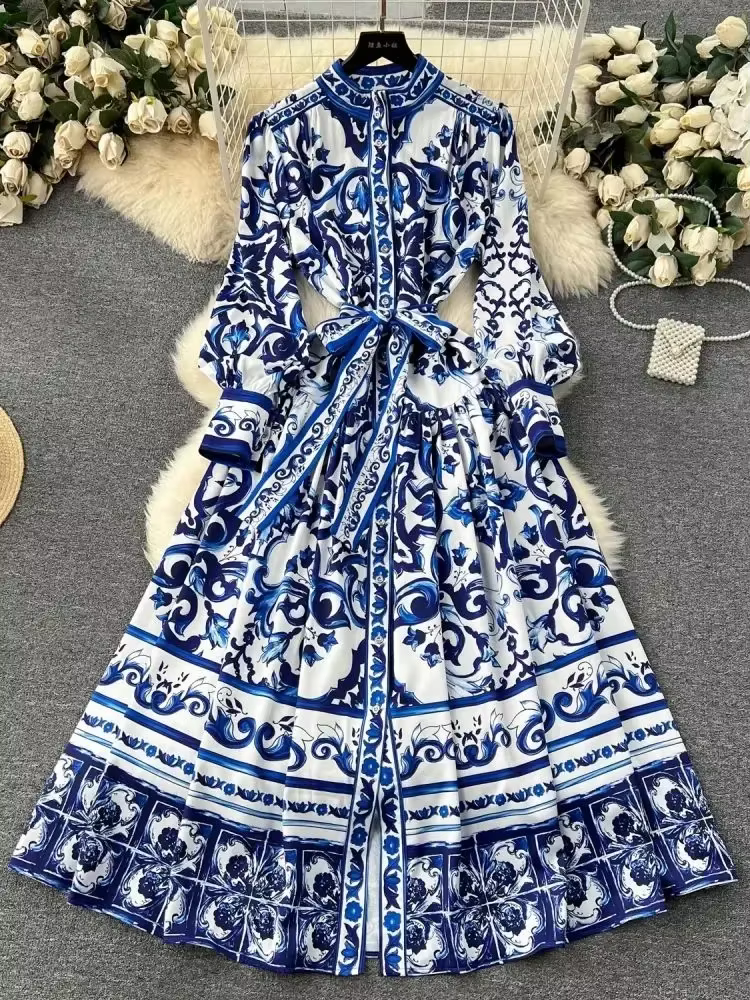 Robe longue vintage à manches longues pour femmes, robes maxi imprimées, robe bandage taille haute, 