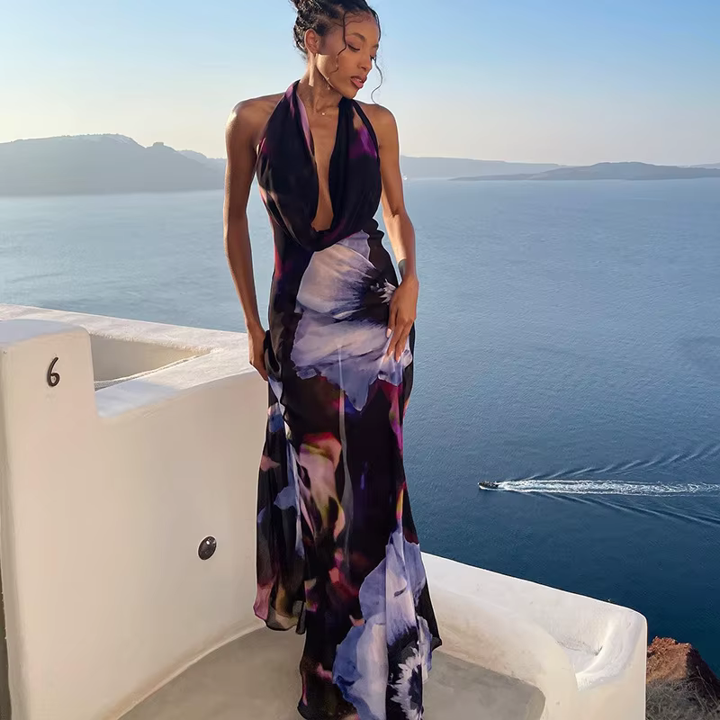 Robe longue sexy imprimée mode européenne et américaine avec col tombant femme