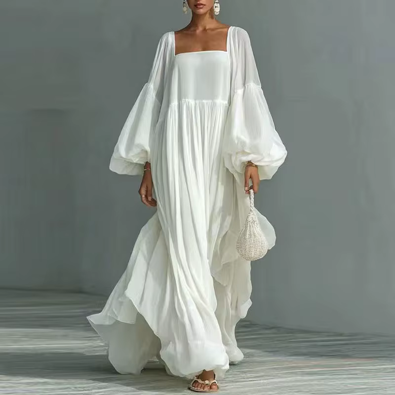 Robe longue bohème élégante et fluide pour femme, col carré sexy, taille haute, manches lanternes, r