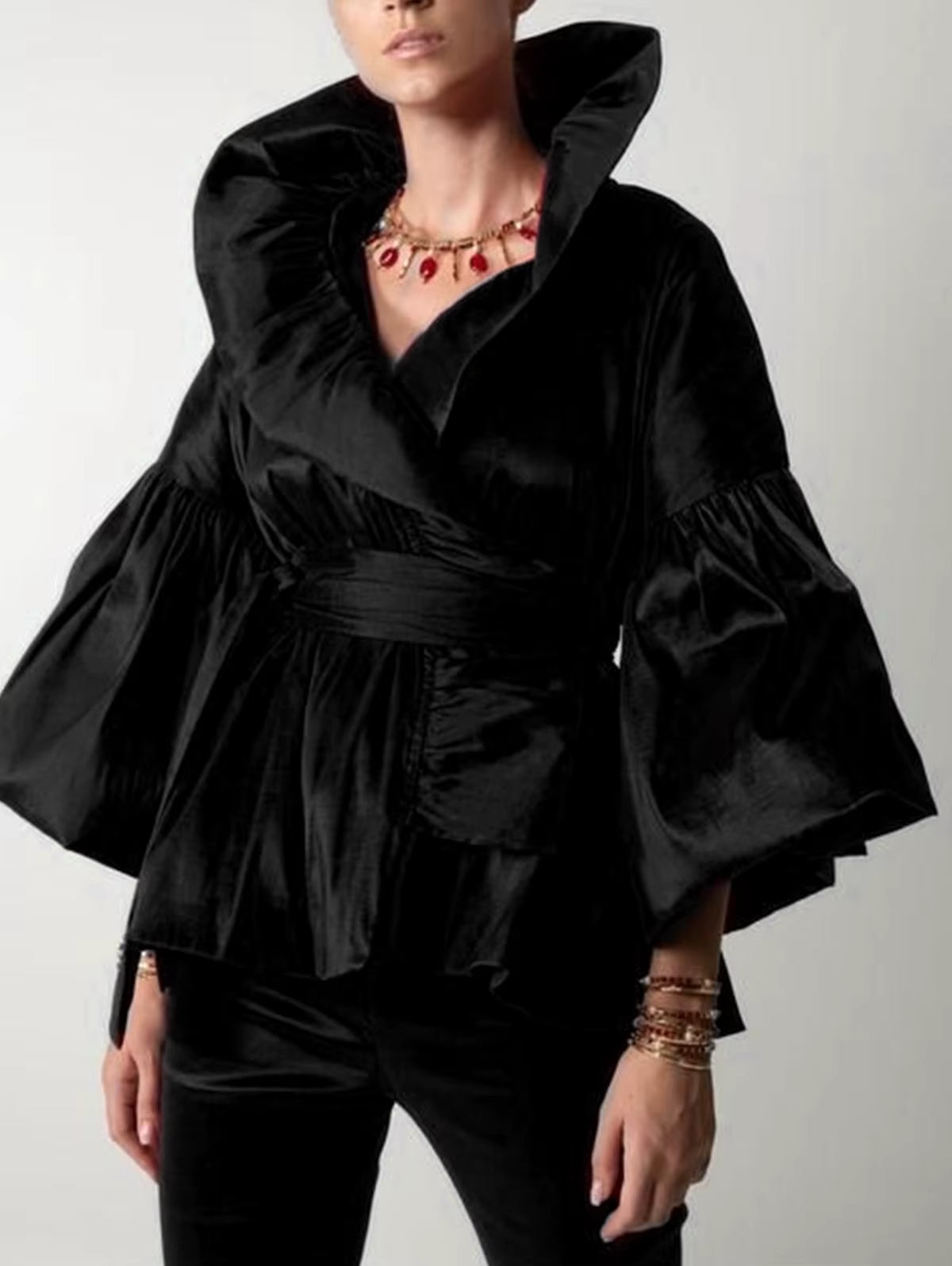 Chemisier décontracté à manches longues bouffantes et volants, couleur unie, pour femme, style chemi