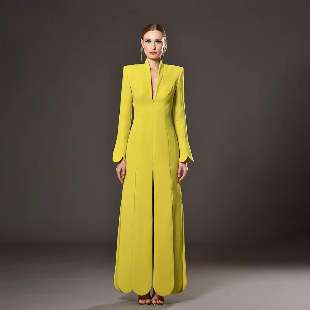 Robe de soirée jaune élégante pour femmes, col en V, manches longues, ligne A, robe de bal, Jersey, 