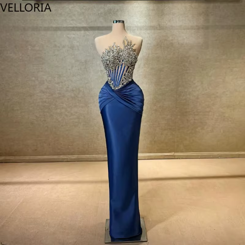 Robe de soirée simple de graduation pour femme, bleu marine, sirène, luxe, strass, sans manches, élé