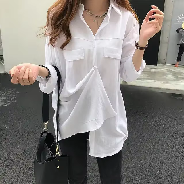 Chemise blanche à manches longues pour femmes, chemisier coréen, vêtements élégants, col esthétique,