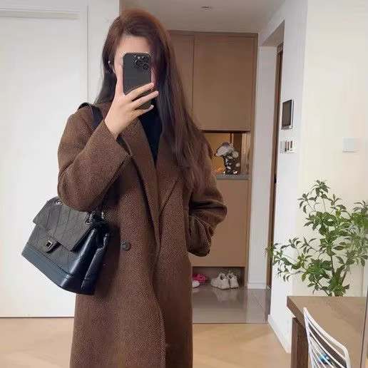 Manteau en laine et mélanges pour femmes, vestes rétro longues marron pour dames, nouveauté décontra