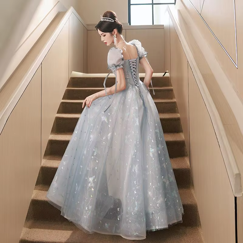 Robe de soirée longue brodée, bleu, à lacets, élégante, pour banquet, fête, Rh, vente en gros, 123