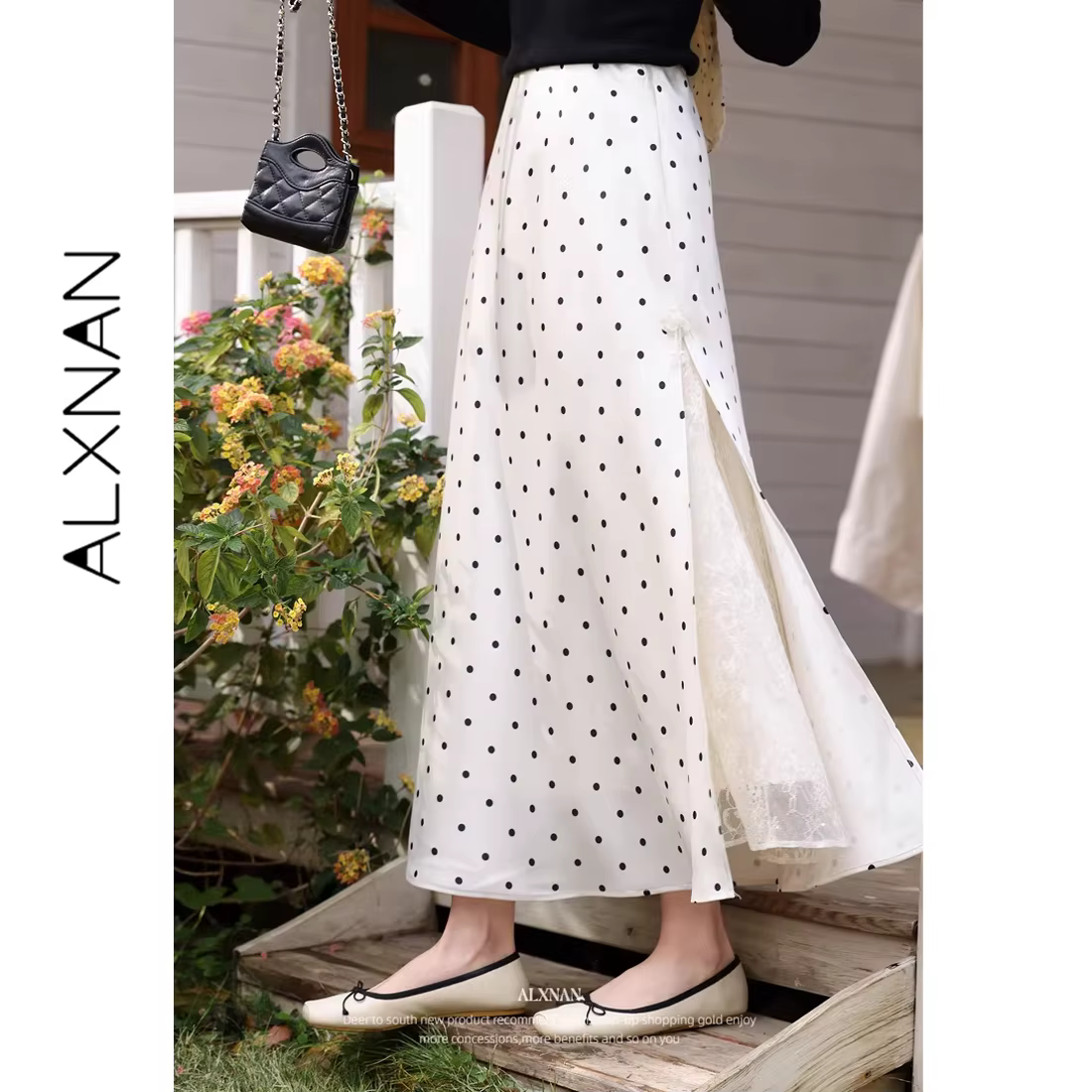 ALXNAN – jupe élégante en satin à pois pour femmes, jupe longue taille haute avec patchwork en dente