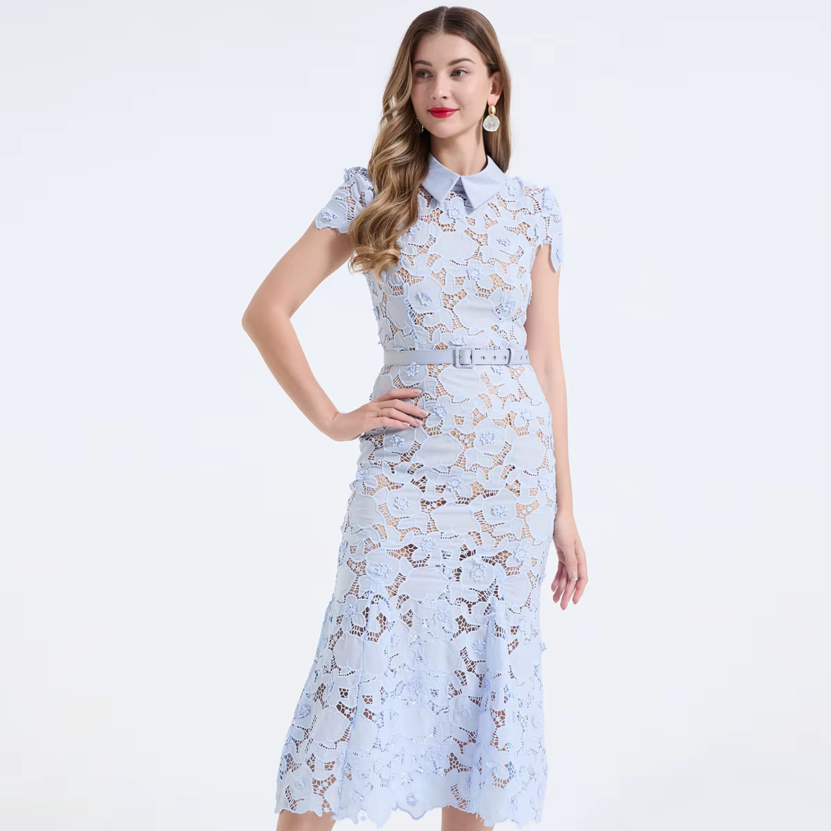 Robe longue en dentelle bleu marine pour femme, col à revers, manches courtes, ceinture, robe moulan