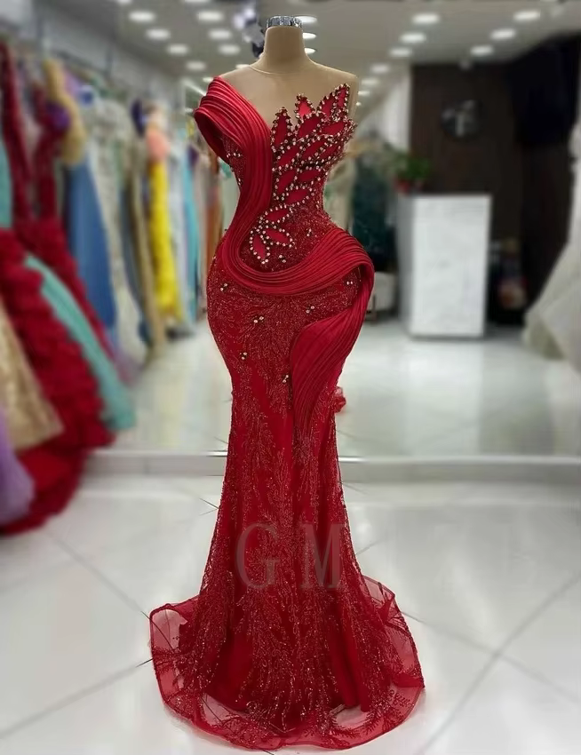 Robes de soirée Aso Ebi longues de luxe, style sirène, à une manche, ornées de perles et de strass,