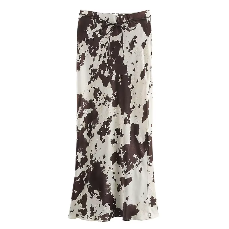 Jupe en Satin imprimé Animal pour femmes, jupe mi-longue à volants avec ceinture, jupe décontractée