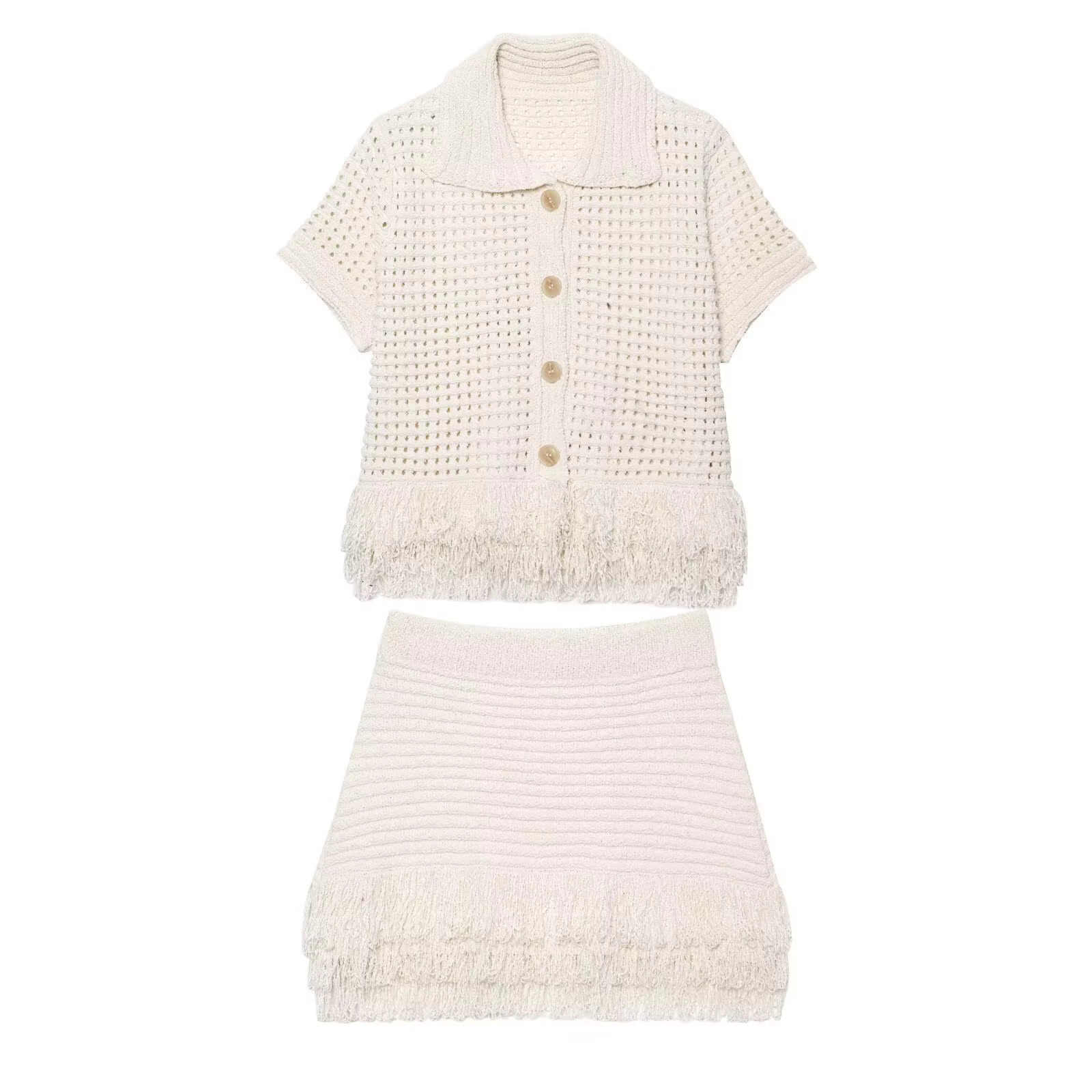 Femmes tricot gland jupe ensembles évider revers demi manches haut + plissé Mini jupes costume 2025