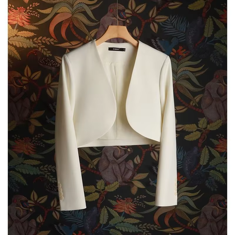 Vestes de costume courtes décontractées pour femmes, manteau blanc lait à manches longues, Cardigan 