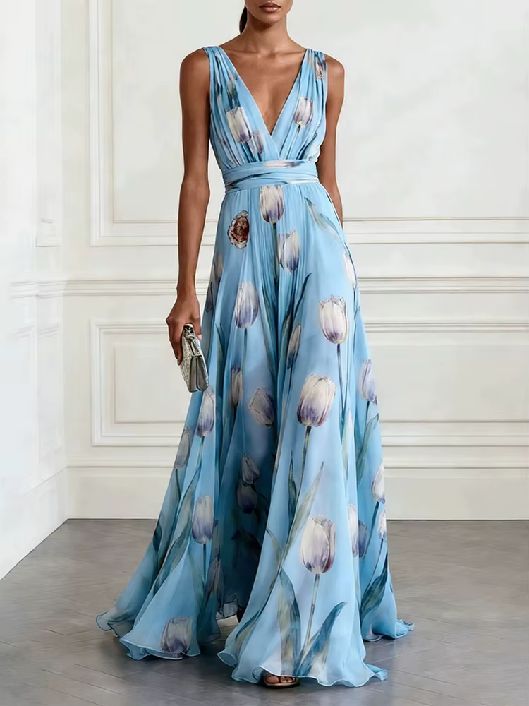Robe longue élégante en mousseline de soie à col en V profond, imprimé tendance pour l'été, robe sex
