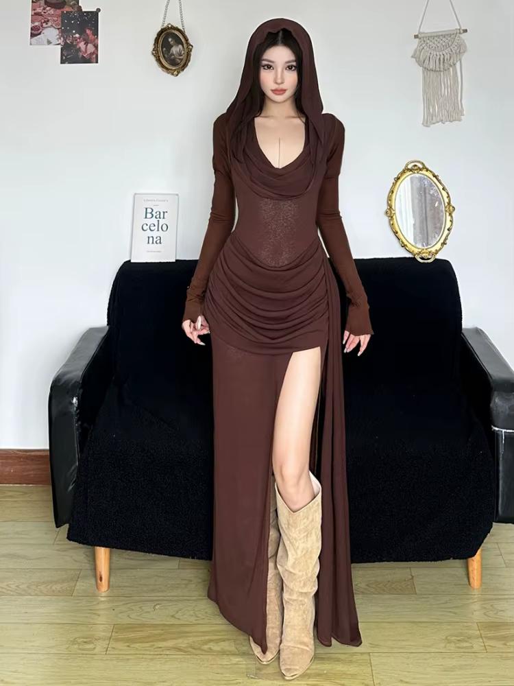Robes longues à capuche pour femmes, vêtements Grunge, couleur unie, manches longues, une pièce, Sex