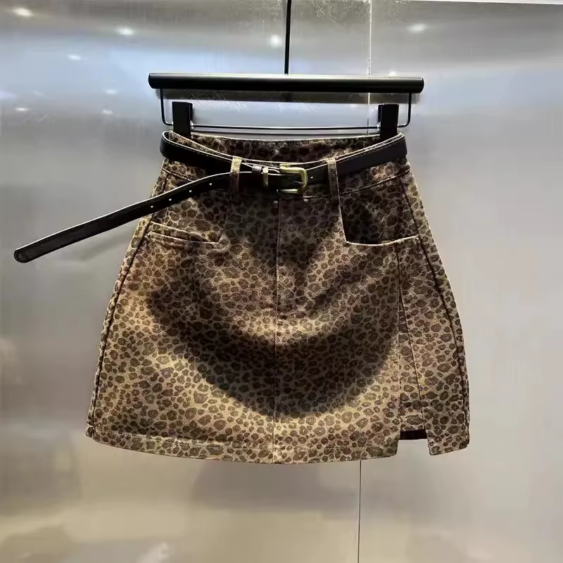 Jupe en jean léopard Sexy pour femmes, taille haute, ligne A, Mini jupes automne-hiver, Vintage amér