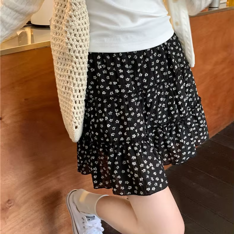 Jupe florale pour femmes, taille haute, Style doux, jupe gâteau, jupe trapèze bouffante noire, été 2