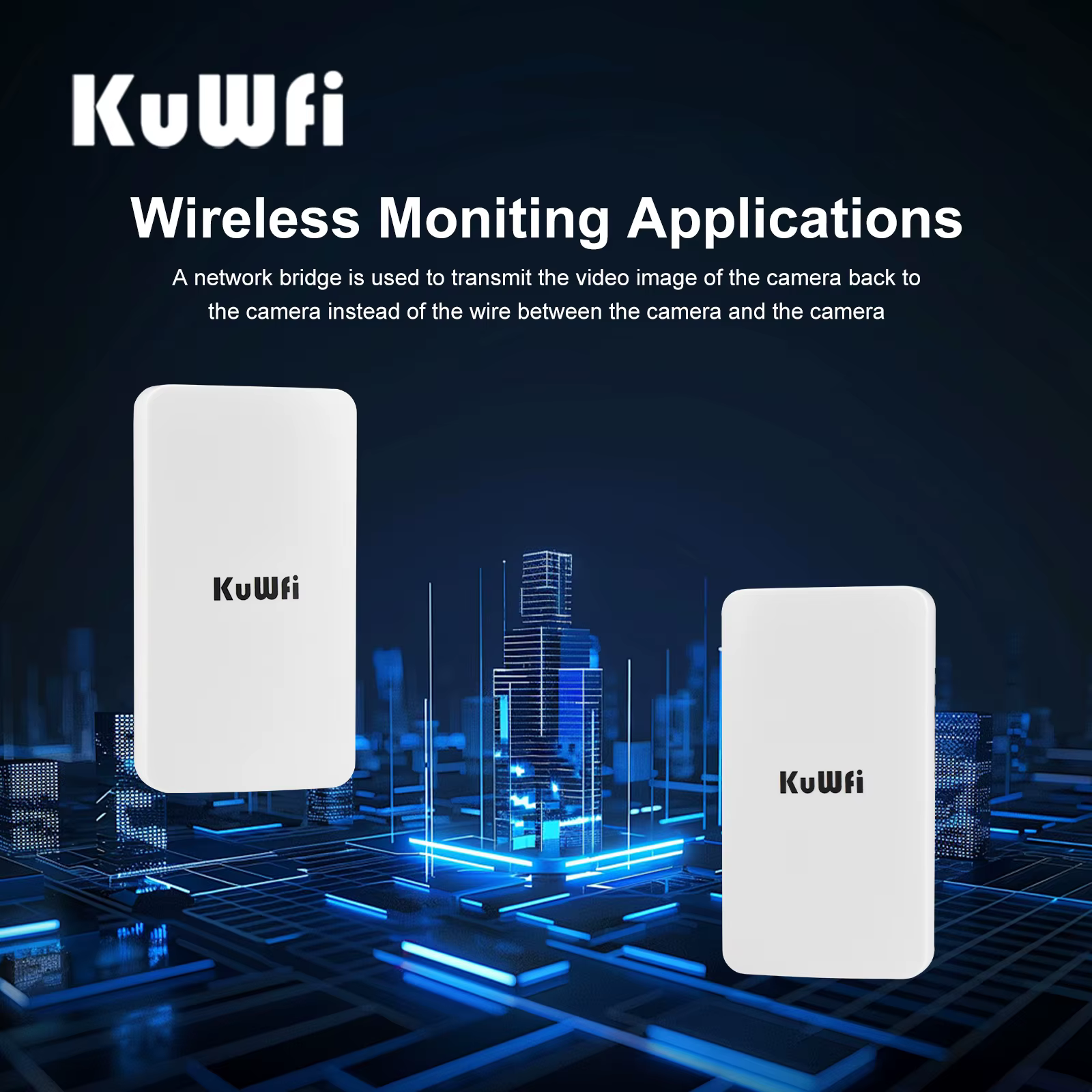 KuWFi Pont WiFi extérieur longue portée 1 km 2,4 GHz – Extenseur sans fil point à point Plug & Play