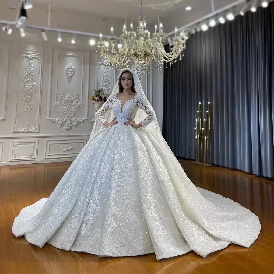 Robes de mariée musulmanes personnalisées à manches longues, col rond, robe de mariée en dentelle, V