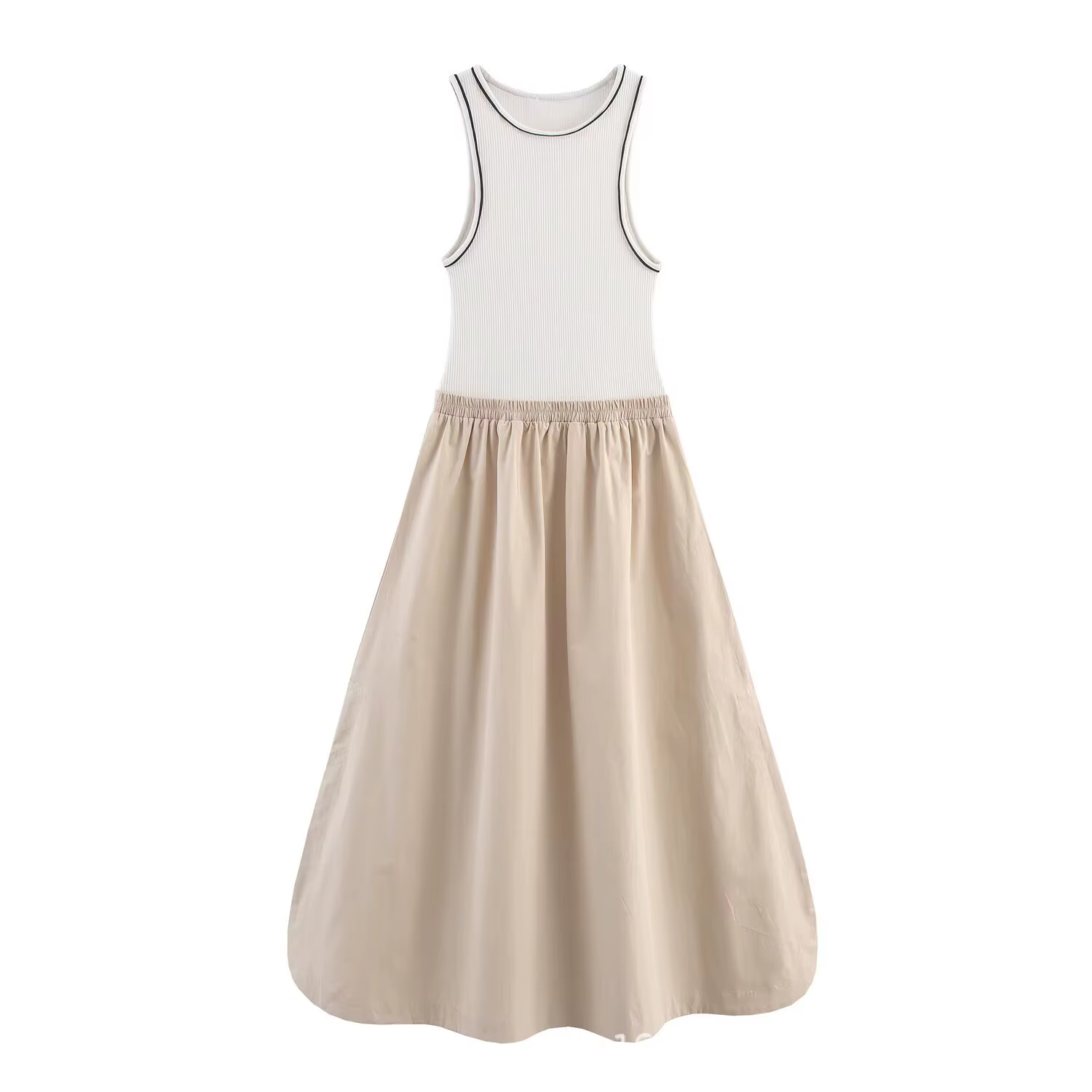 Nouvelle Robe Midi Sans Manches à Col Rond et Empiècements, Style Été 2025, Jupe Longue Décontractée