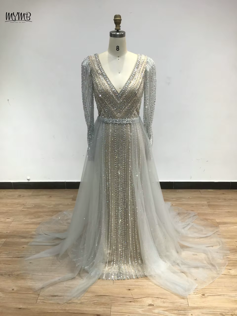 MYMB-Robe de soirée sirène à manches longues, élégante, pour fête de mariage, arabe, luxe perlé, col