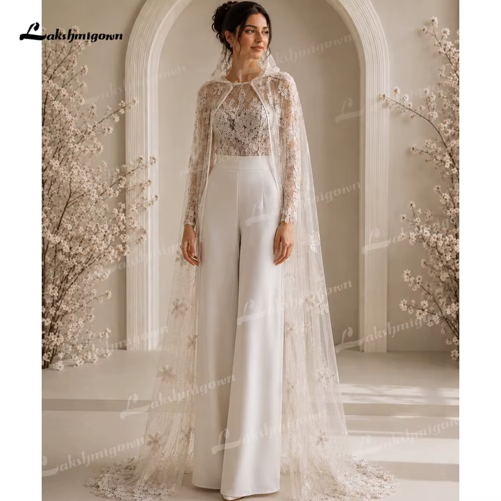 Robe de mariée moderne à manches longues en dentelle avec cape, personnalisable, vestidos de novia, 