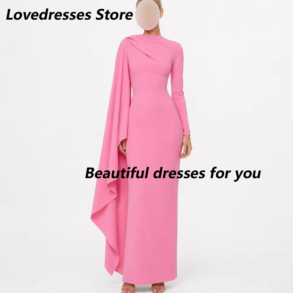 Robe de soirée élégante rose pour femme, col rond, manches longues, plissée, en jersey, longueur che