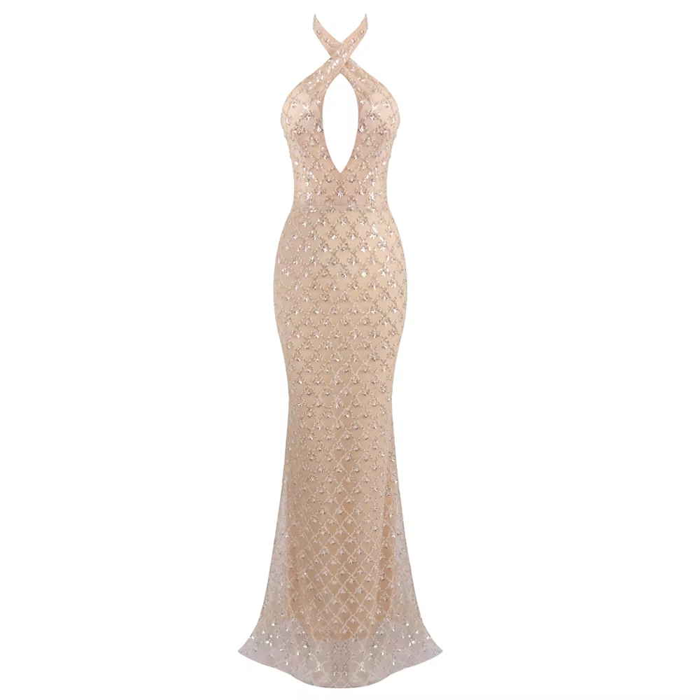 Superbe robe longue licou ornée de cristaux – Robe transparente sexy avec décolleté en V profond pou