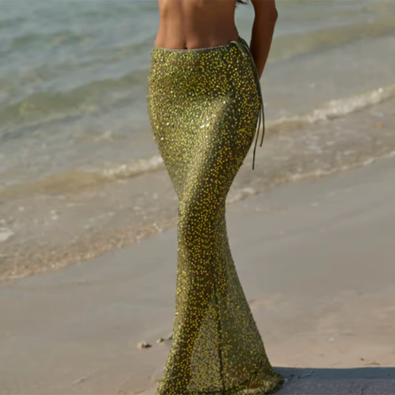 Haut court à paillettes, jupe longue Slim, ensemble deux pièces pour femmes, col bateau, manches lon