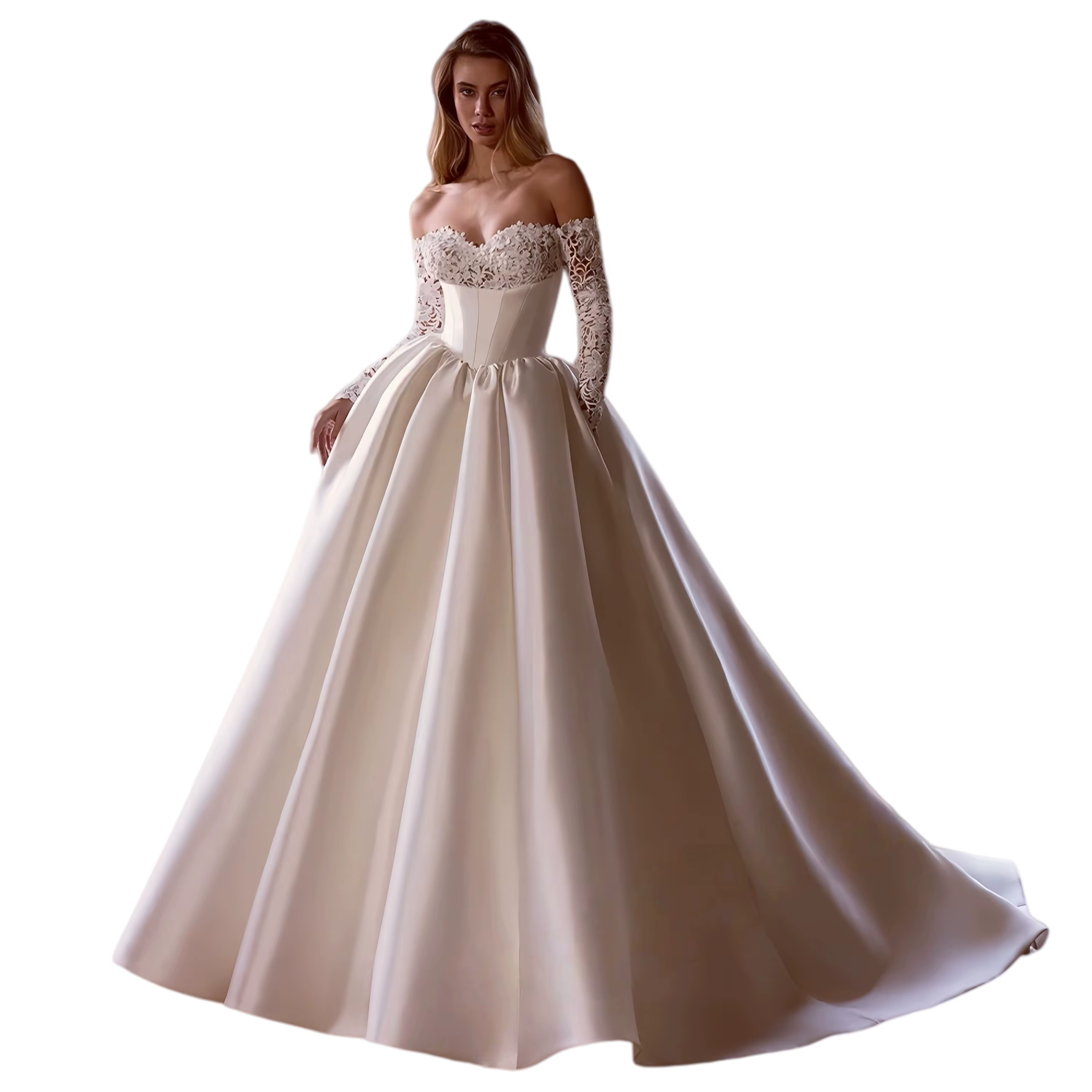 Robe de mariée moderne à manches longues pour femme, en satin, col bateau, avec appliques en dentell