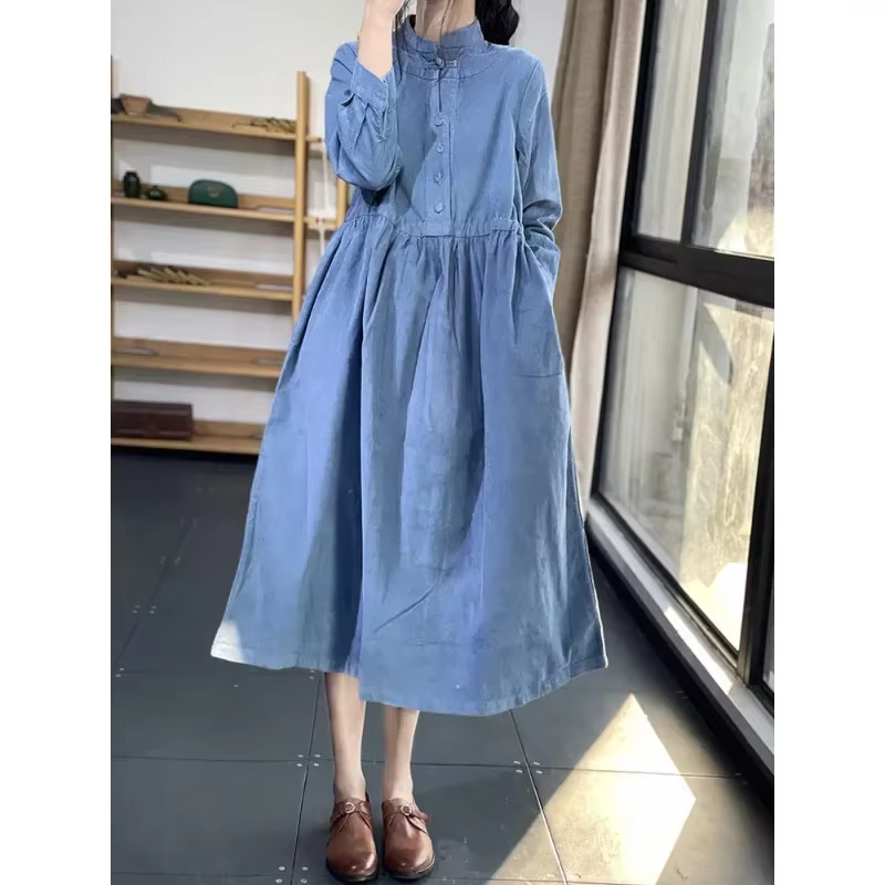 Robe mi-longue en velours côtelé pour femmes, ample, mode, col montant, manches longues, mi-longue,