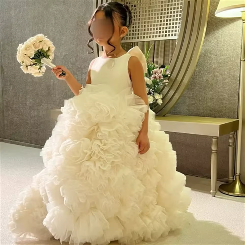 Robes à fleurs blanches pour filles, en Tulle, avec des Appliques bouffantes, sans manches, pour mar