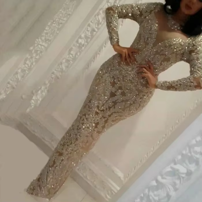 Robe de soirée amincissante à manches longues et col en v en relief doré, robe longue Sexy pour femm