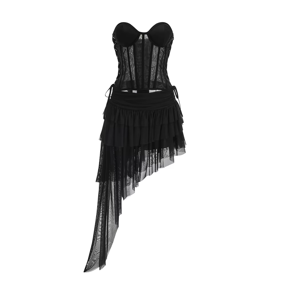 PB Ensemble deux pièces noir à lacets – Bustier en maille transparente dos nu et mini jupe asymétriq