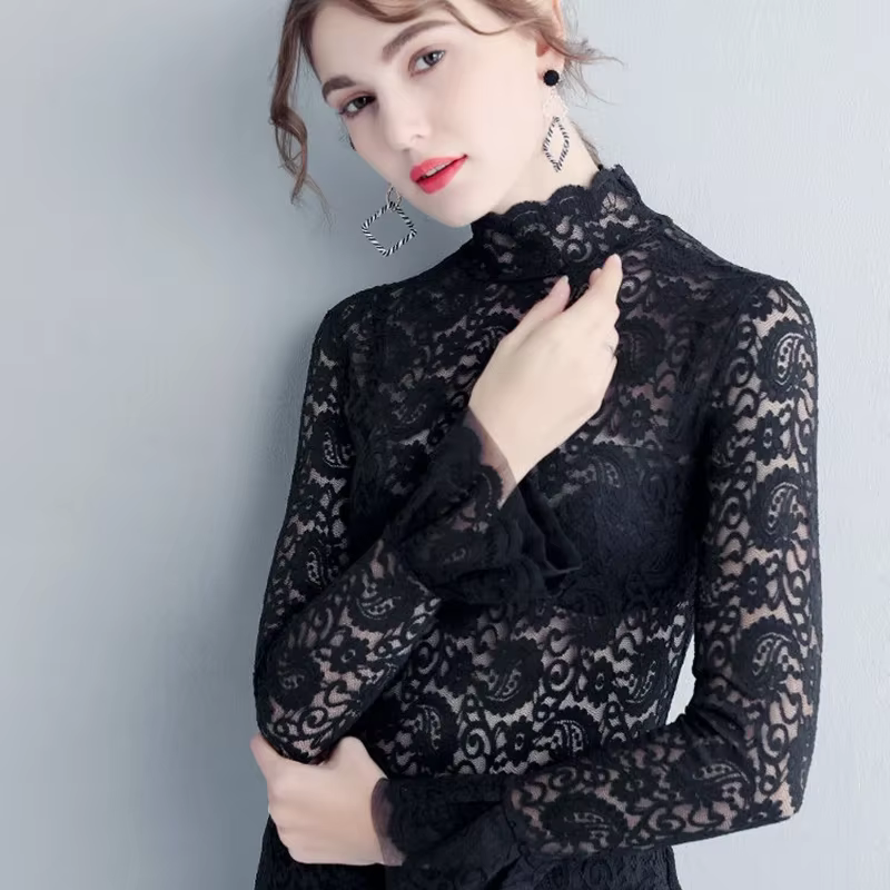 Haut à manches longues transparent sexy pour femmes, mode automne-hiver 2026, chemisiers en dentelle