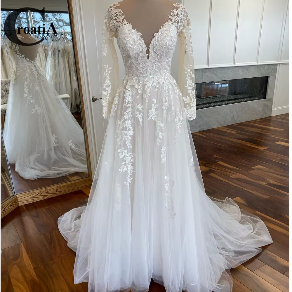 Croatie mode robes De mariée nouveau Robe De Noiva manches longues chapelle Train Gelinlik dubaï Rob