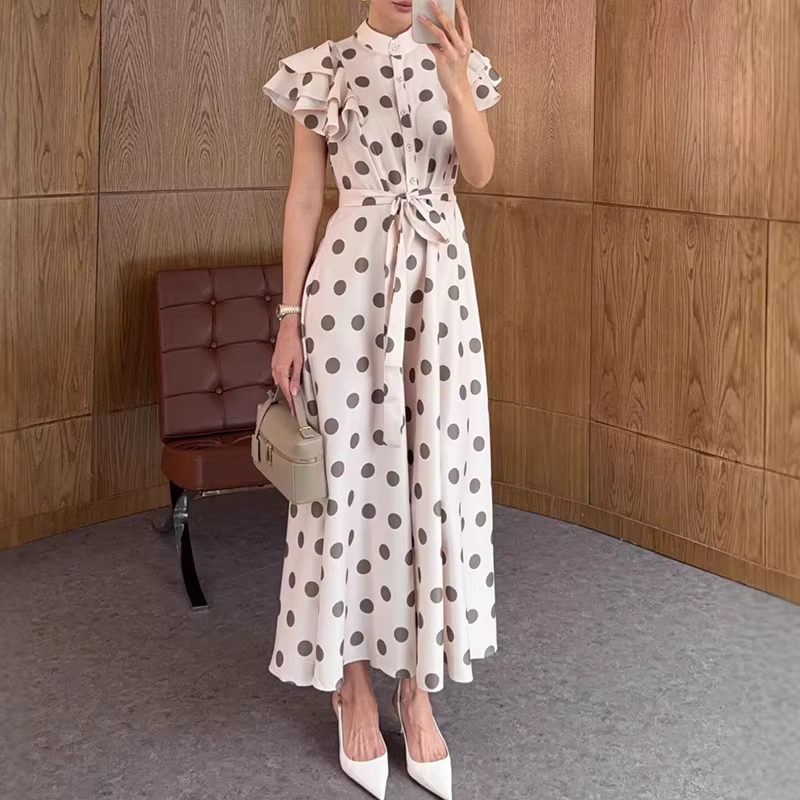 Robe de soirée à pois pour femme, col montant, ceinture à nouer, manches bouffantes, robe longue élé