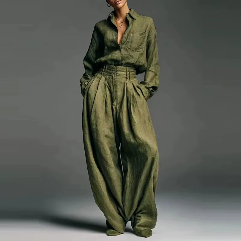Ensemble chemises et pantalons simples à manches longues pour femmes, tenue de loisirs, Vintage, cou