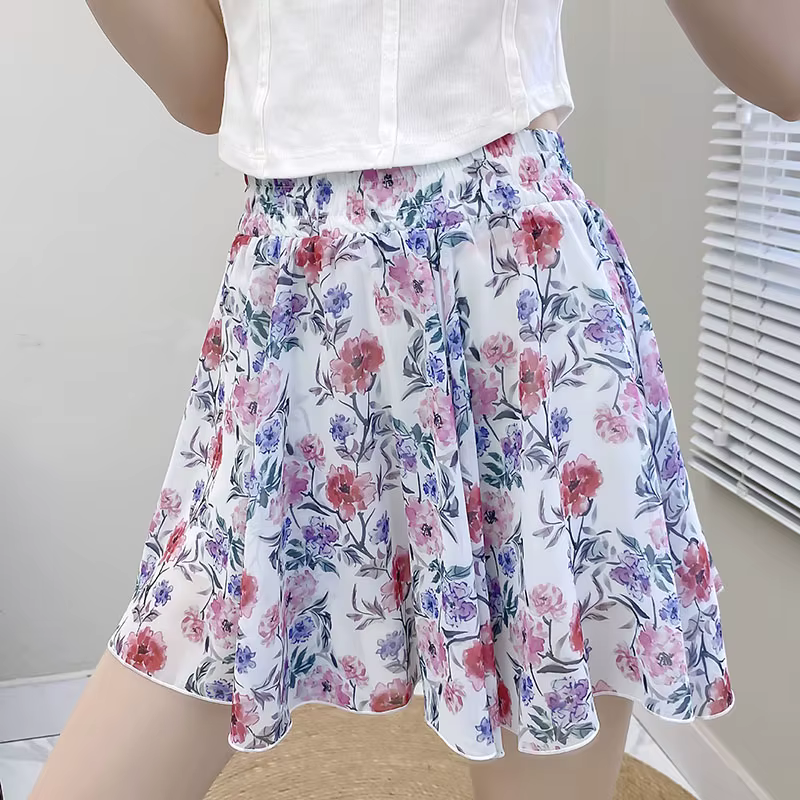 Nouvelles jupes en mousseline 2026 pour femmes – Mini-jupe décontractée d'été à petits motifs florau