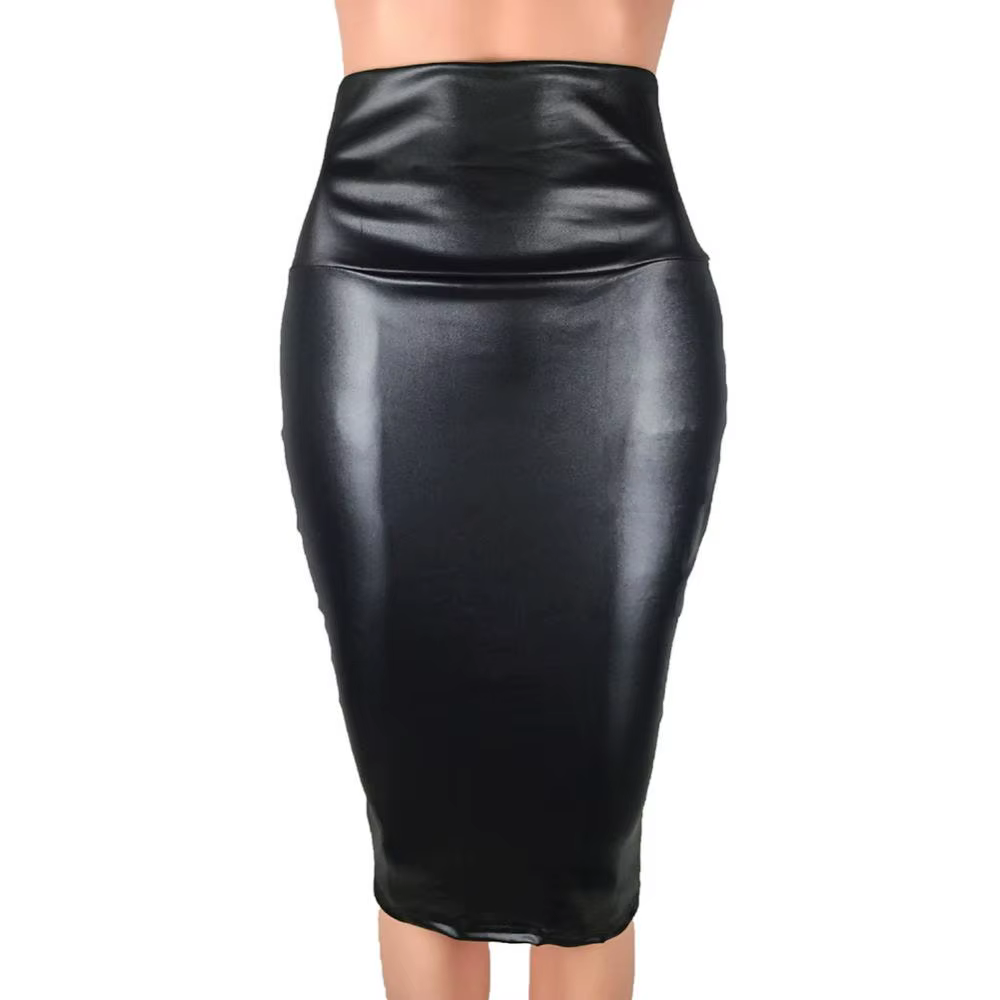 Mode élégante taille haute fendu Faux cuir jupe femmes genou longueur moulante jupe crayon