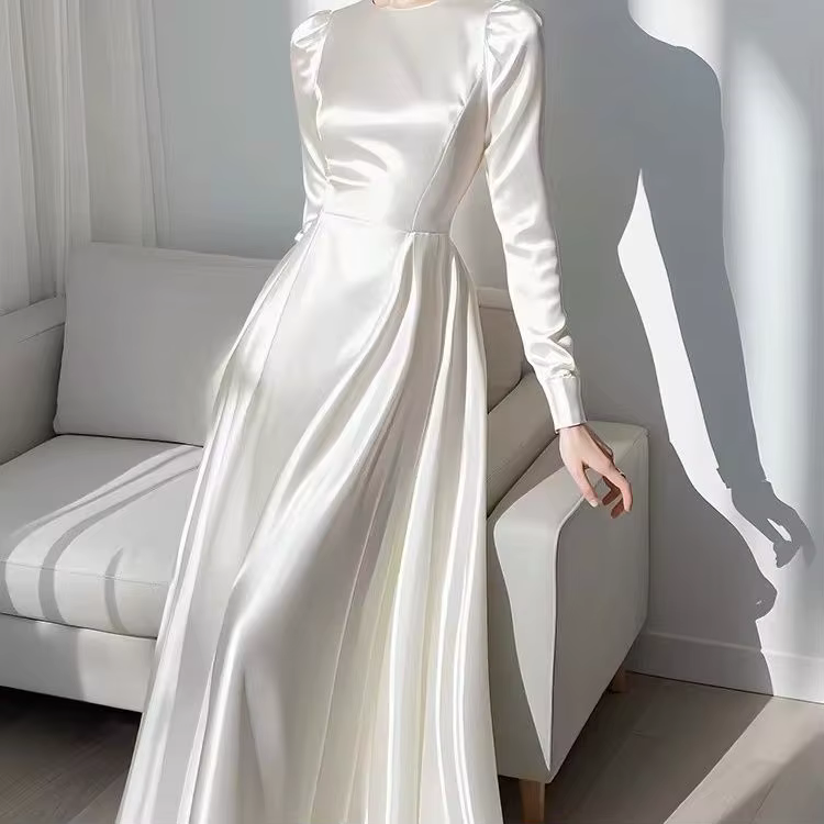 Robe blanche en Satin à manches longues pour femmes, Unique, belle robe française moulante à la tail