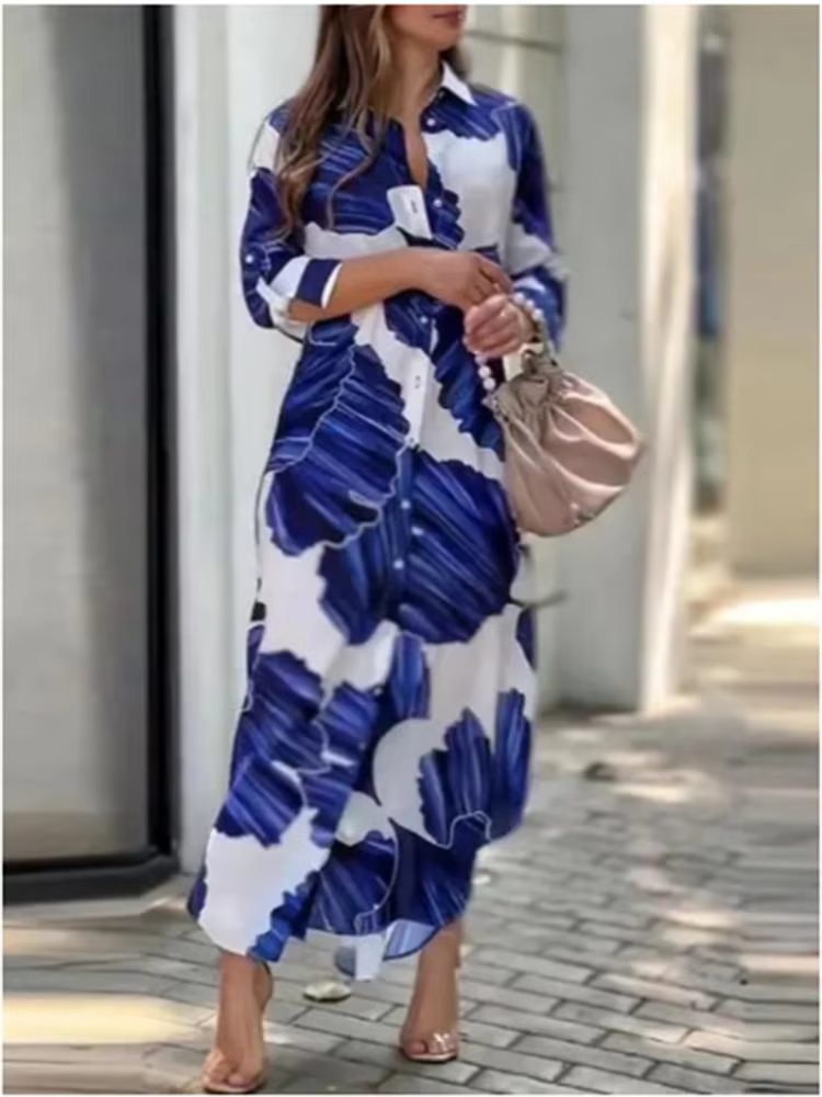 Robe boutonnée imprimée à manches longues pour femmes, style chemise à revers, robes de vacances élé