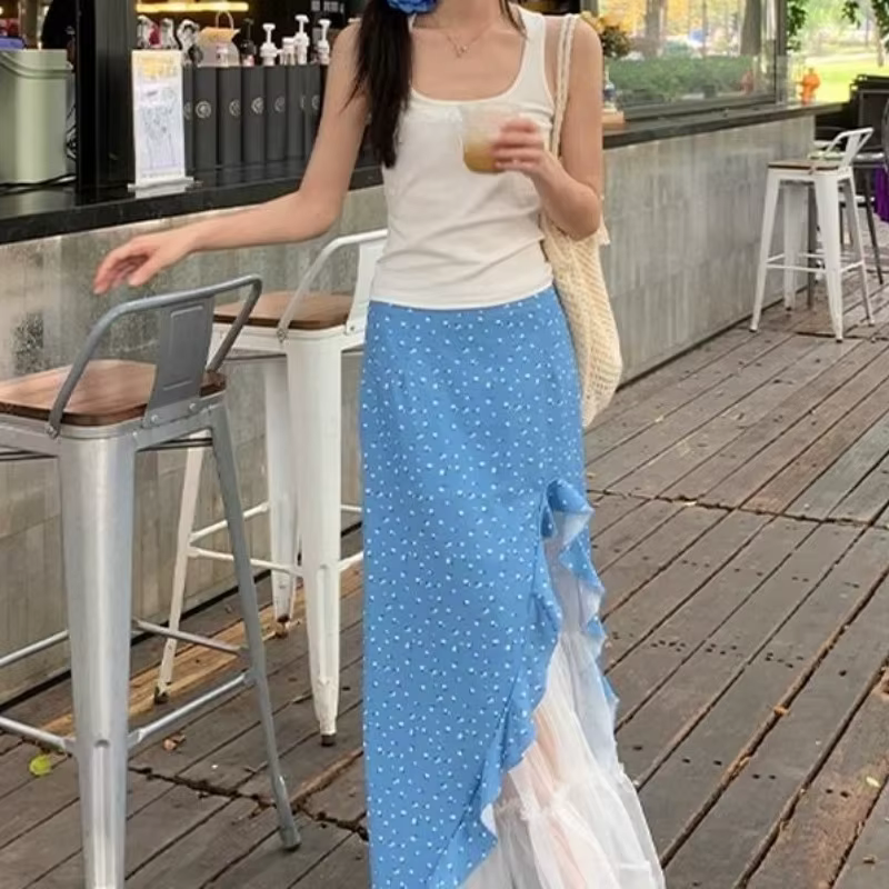 Petite jupe midi florale pour femmes en été, taille haute, coupe ample, maille épissée, fausse jupe