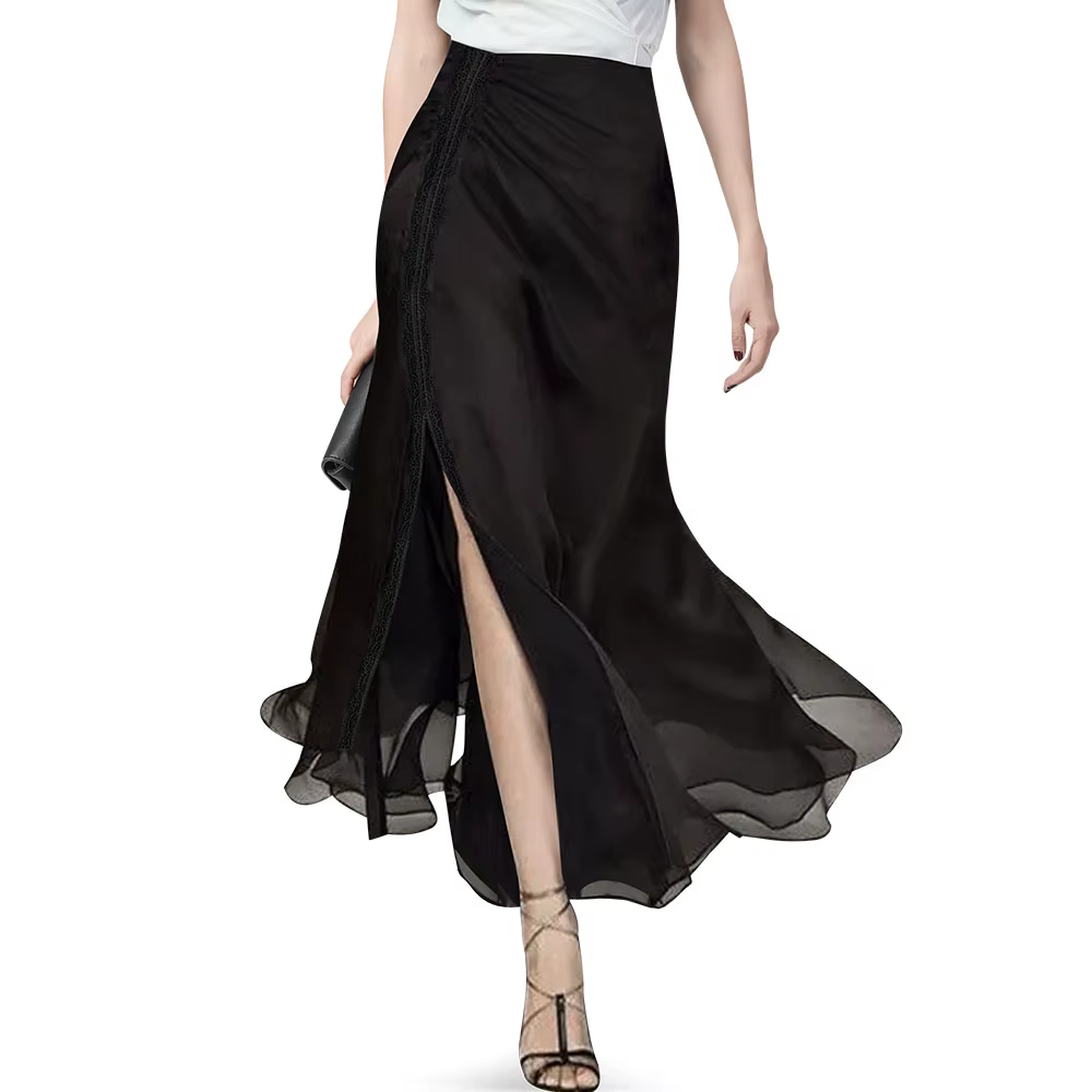 Jupe trapèze en mousseline de soie noire pour femme, haut de gamme, à la mode, taille haute, fente e