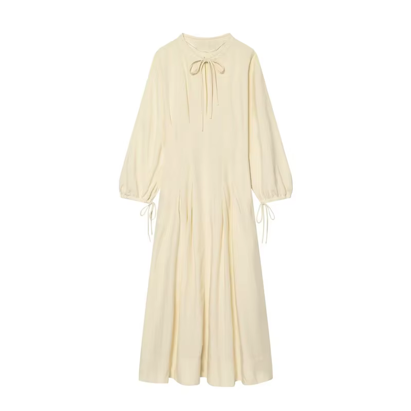 Robe longue beige pour femme, nouvelle collection été 2026, à manches longues, ample, avec nœud déco